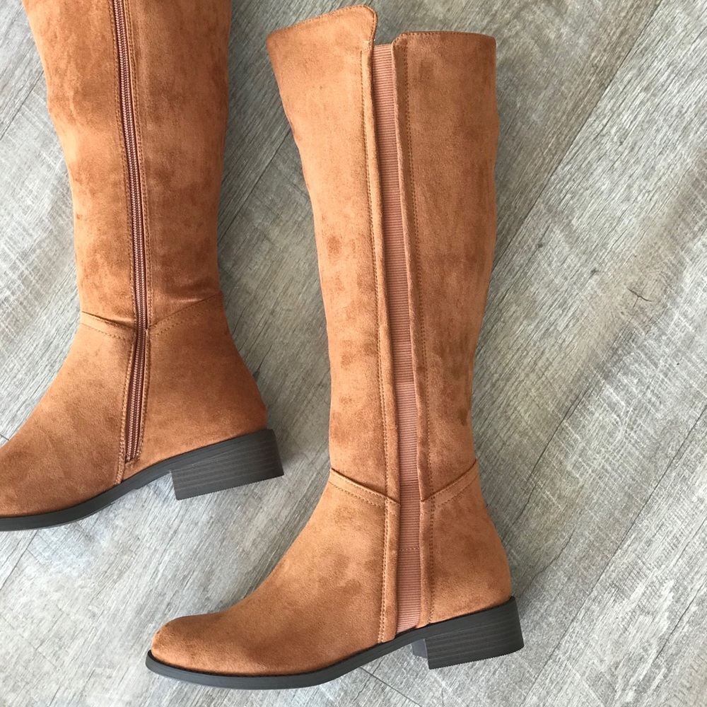 TRIXI Tan Suede Knee High Stacked Heel Riding Boot - Picture 6 of 8